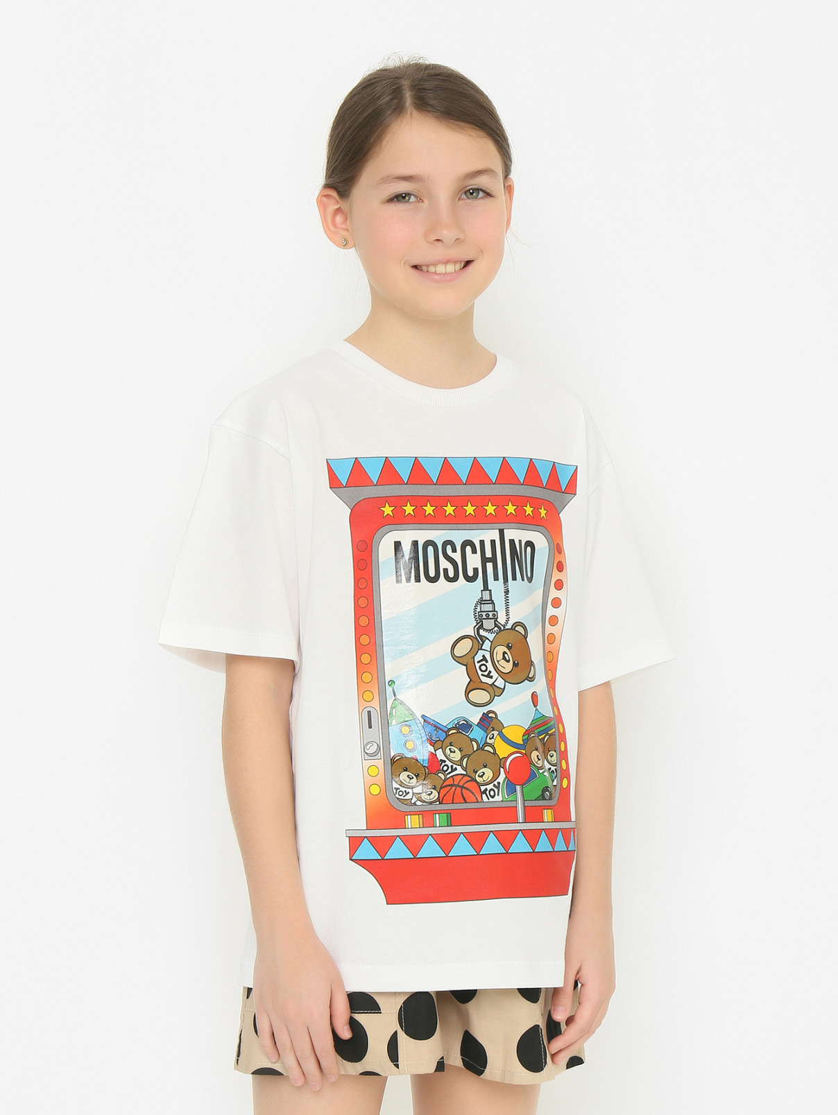 Футболка с принтом из хлопка Moschino  –  МодельВерхНиз  – Цвет:  Белый