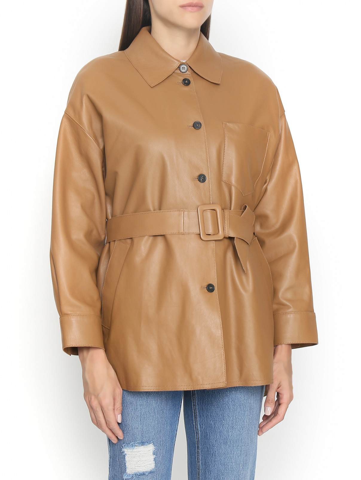 Куртка из гладкой кожи с поясом Weekend Max Mara  –  МодельВерхНиз  – Цвет:  Бежевый