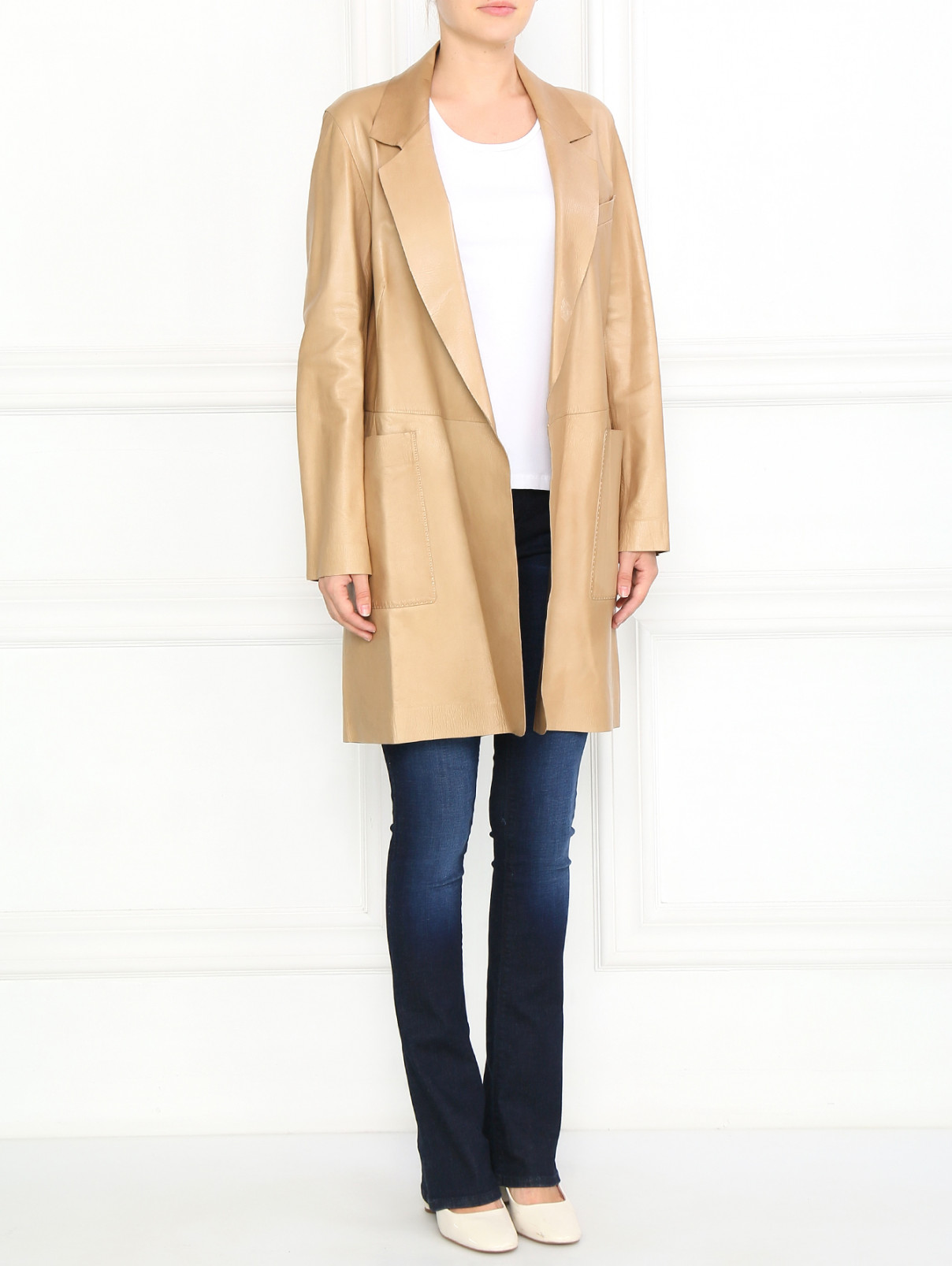 Пальто из кожи с двумя боковыми карманами Donna Karan  –  Модель Общий вид  – Цвет:  Оранжевый