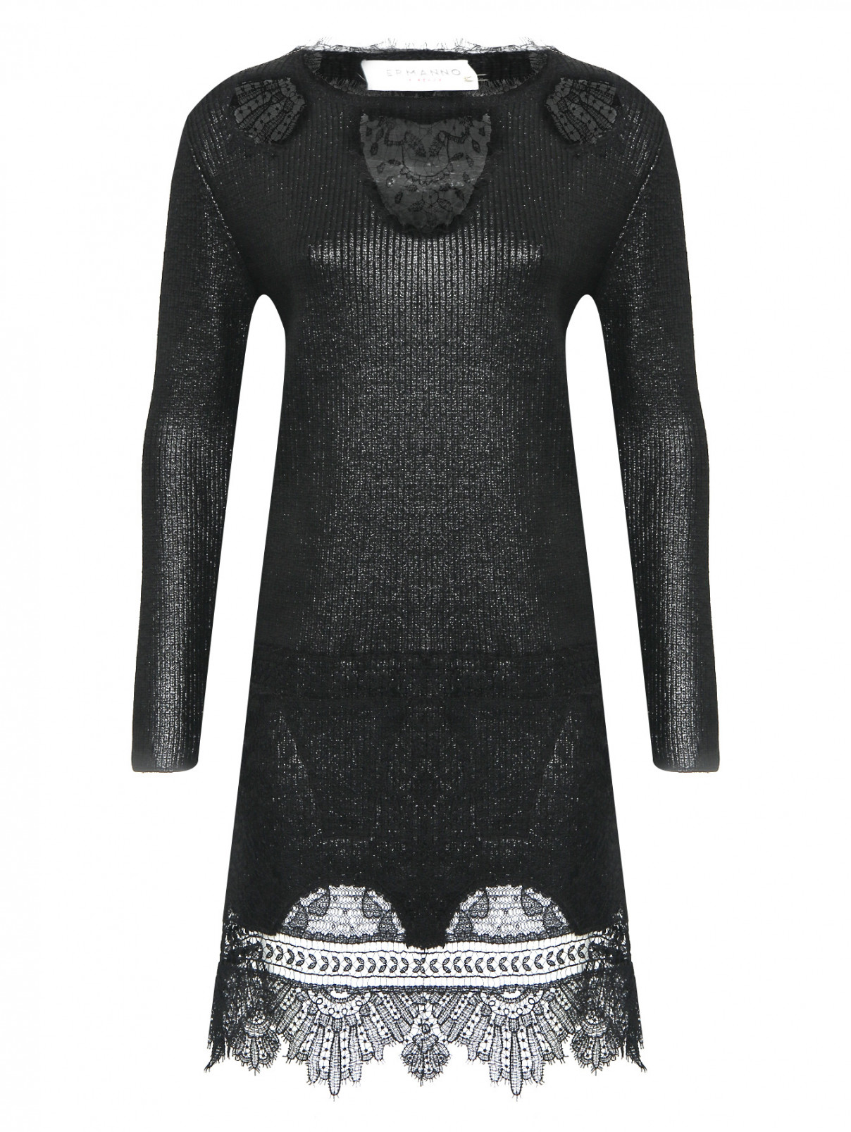 Трикотажное платье с кружевной отделкой Ermanno Firenze  –  Общий вид  – Цвет:  Черный