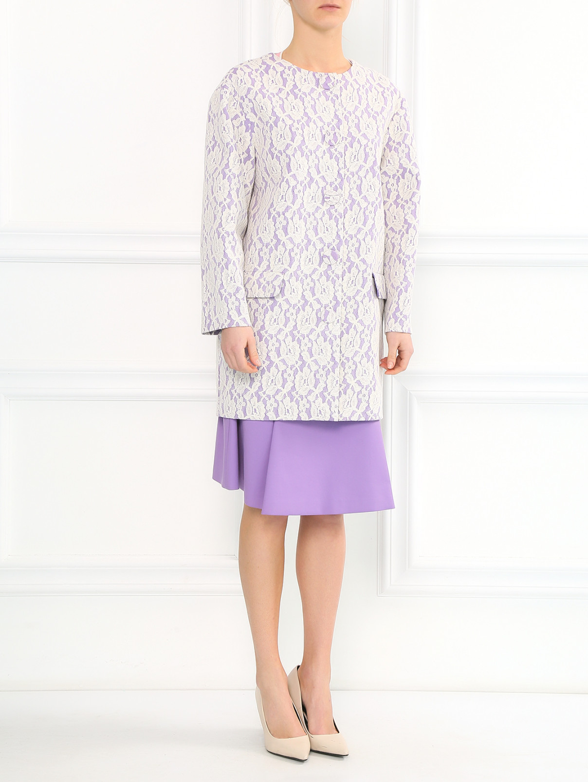Пальто из хлопка декорированное кружевом Moschino Boutique  –  Модель Общий вид  – Цвет:  Фиолетовый