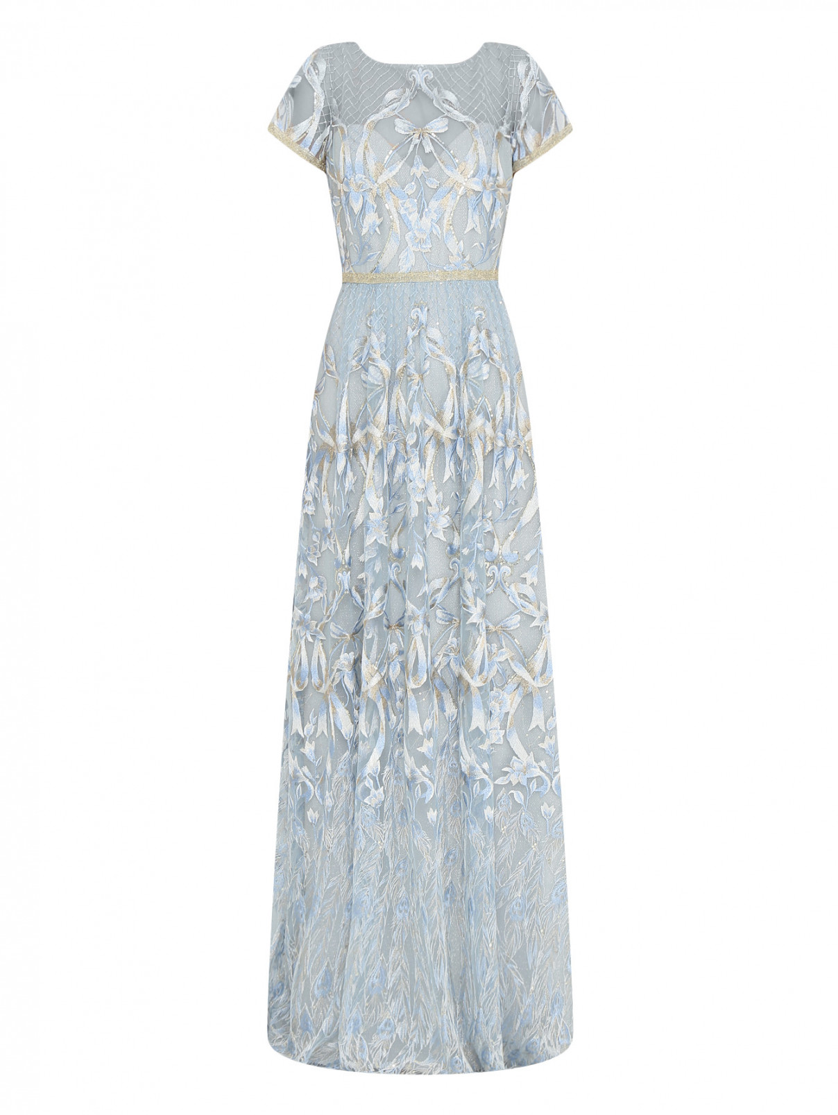 Платье-макси декорированное бисером и пайетками Marchesa  –  Общий вид  – Цвет:  Синий