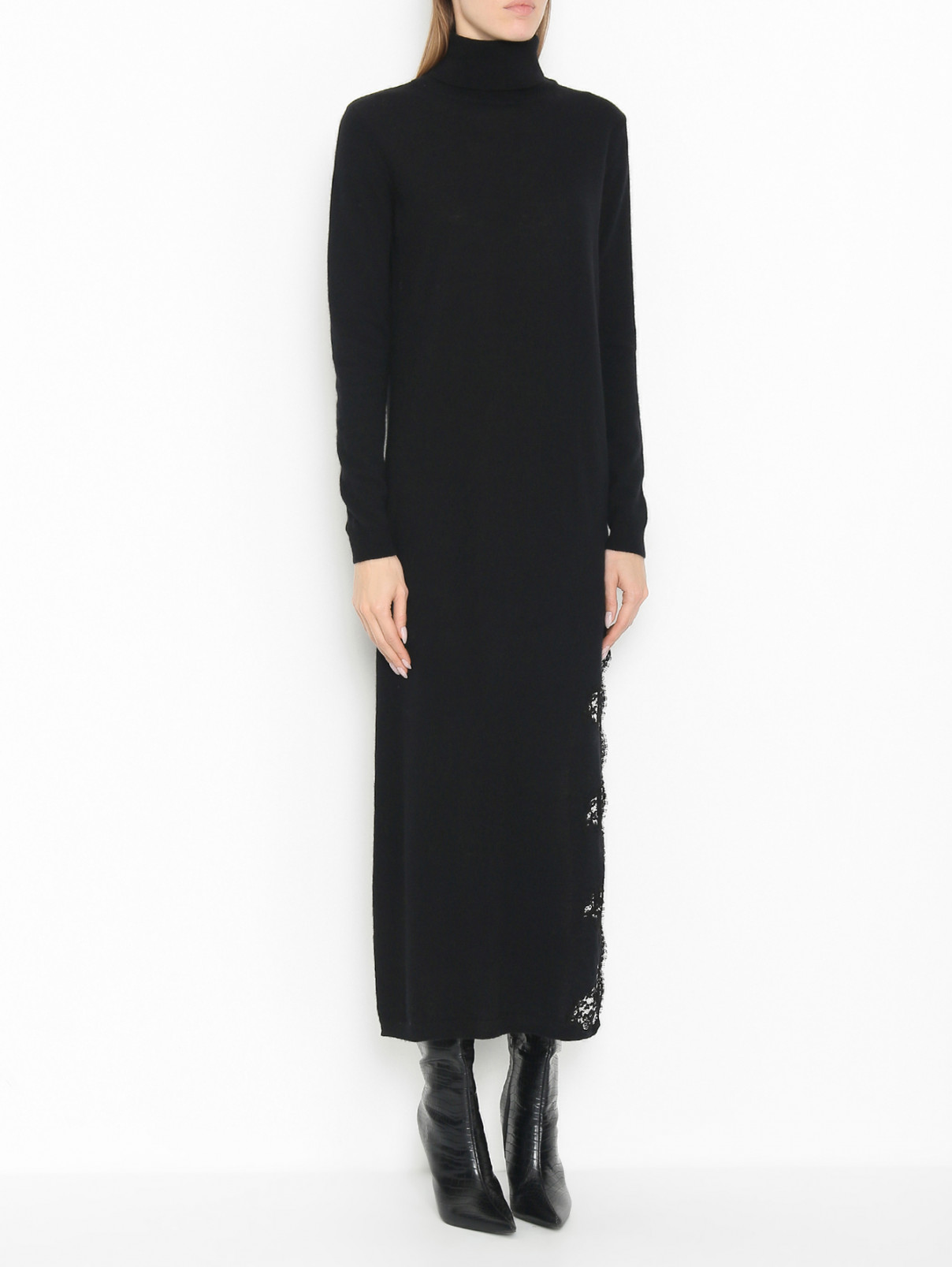 Платье из шерсти и кашемира с кружевом Ermanno Firenze  –  МодельВерхНиз  – Цвет:  Черный