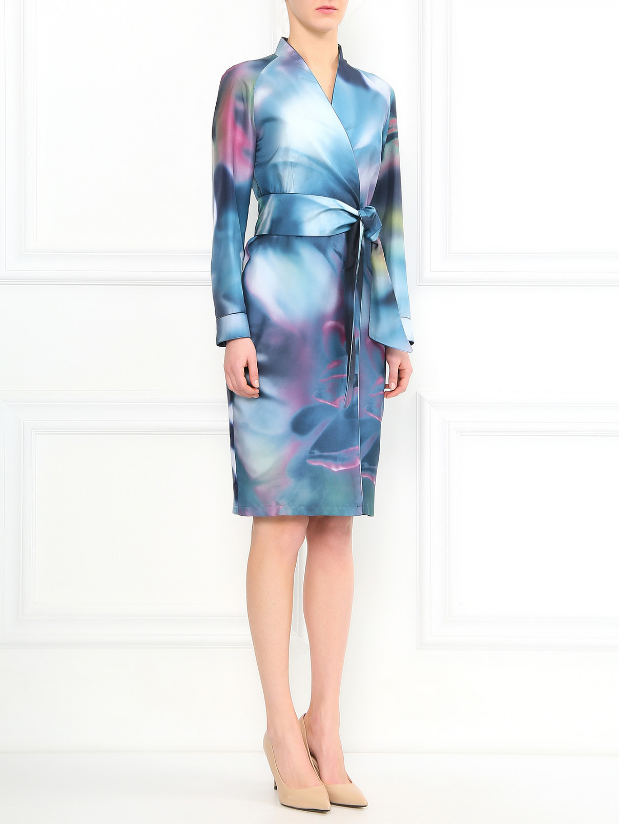Платье-миди из шелка с поясом и узором Max Mara  –  Модель Общий вид  – Цвет:  Синий