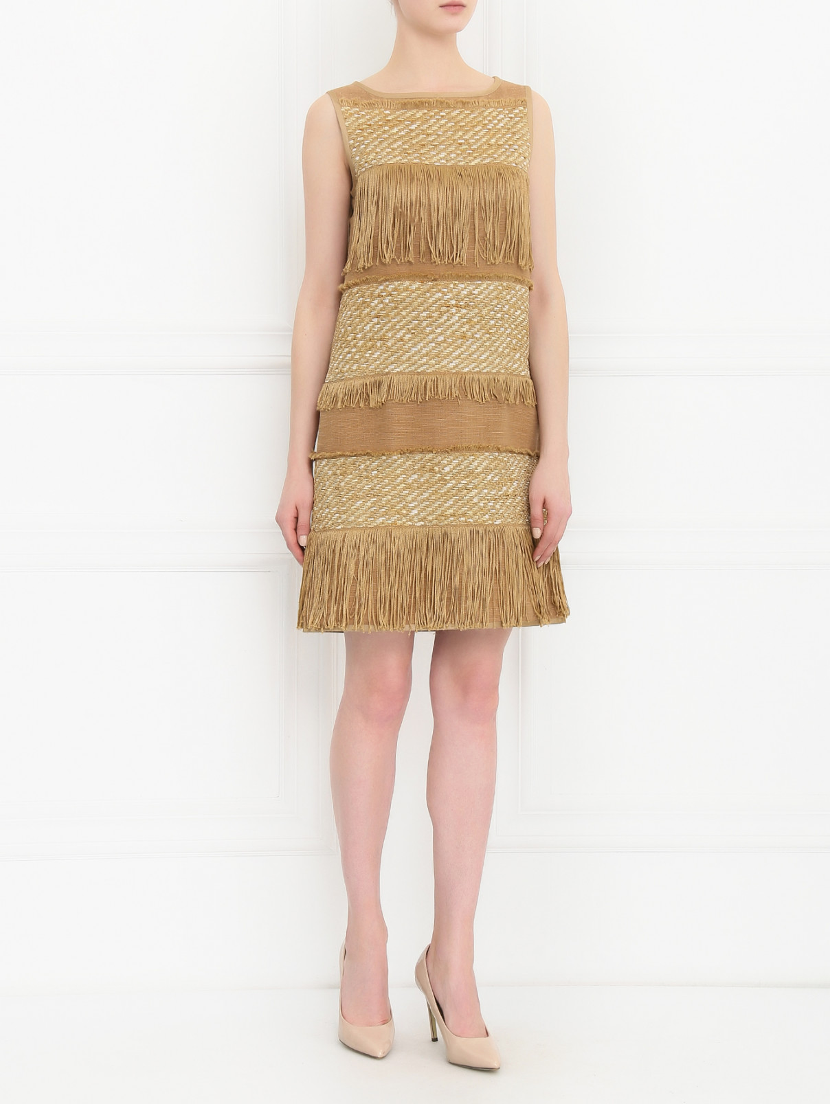 Платье-мини с бахромой Alberta Ferretti  –  Модель Общий вид  – Цвет:  Коричневый