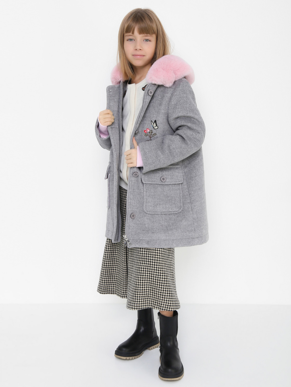Пальто с вышивкой и накладными карманами MONNALISA  –  МодельОбщийВид  – Цвет:  Серый