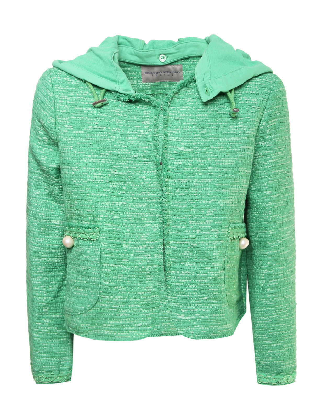 Жакет твидовый с капюшоном Ermanno Scervino Junior  –  Общий вид  – Цвет:  Зеленый