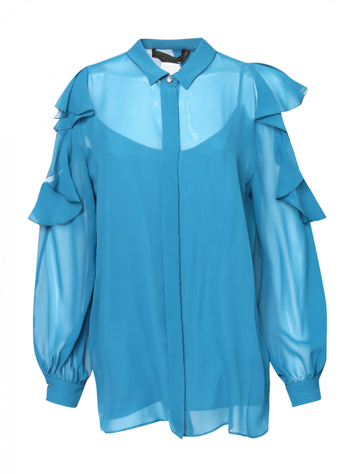 Блуза из полупрозрачного шелка с вырезами и воланами на рукавах Marina Rinaldi  –  Общий вид  – Цвет:  Синий