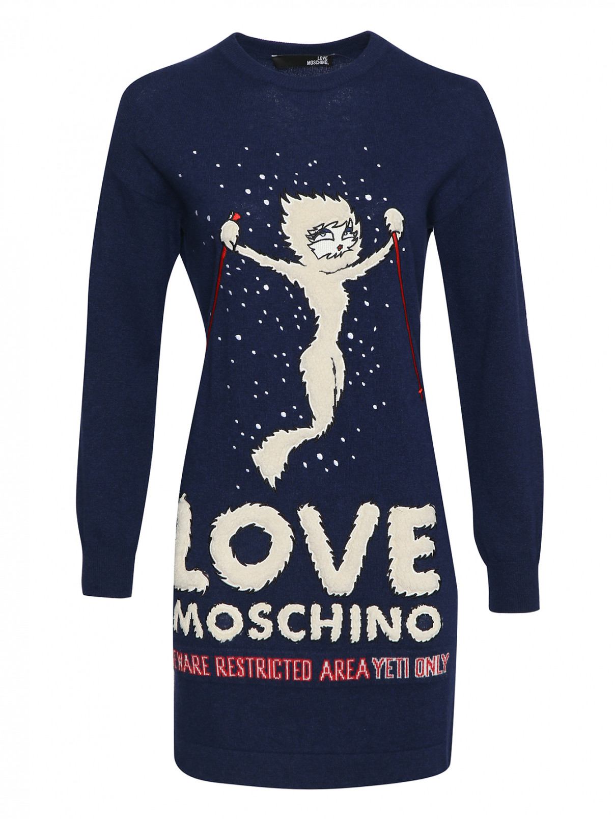 Трикотажное платье с вышивкой и аппликацией Love Moschino  –  Общий вид  – Цвет:  Синий