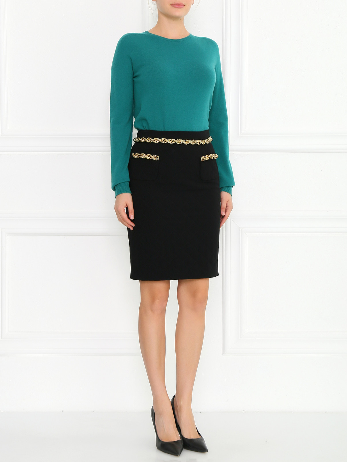 Стеганая юбка-карандаш с декоративной отделкой Moschino Couture  –  Модель Общий вид  – Цвет:  Черный