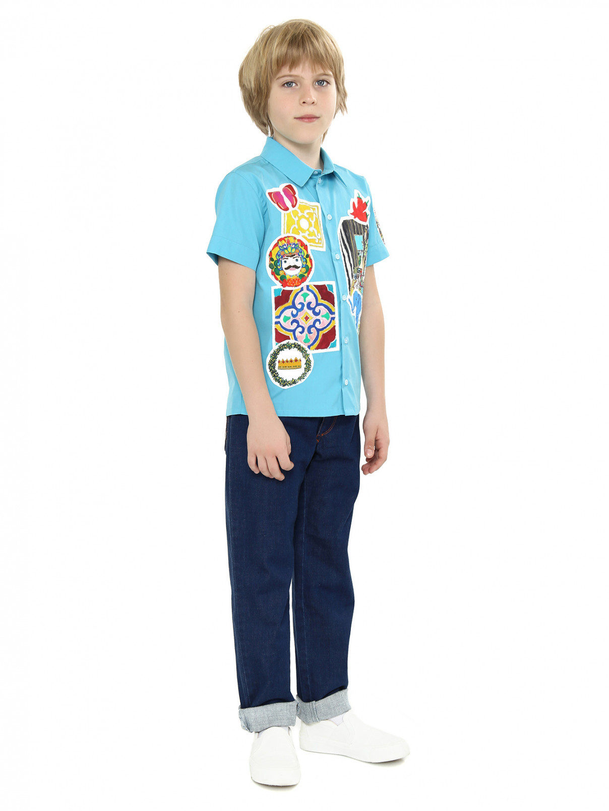 Рубашка из хлопка с аппликациями Dolce & Gabbana  –  Модель Общий вид  – Цвет:  Синий