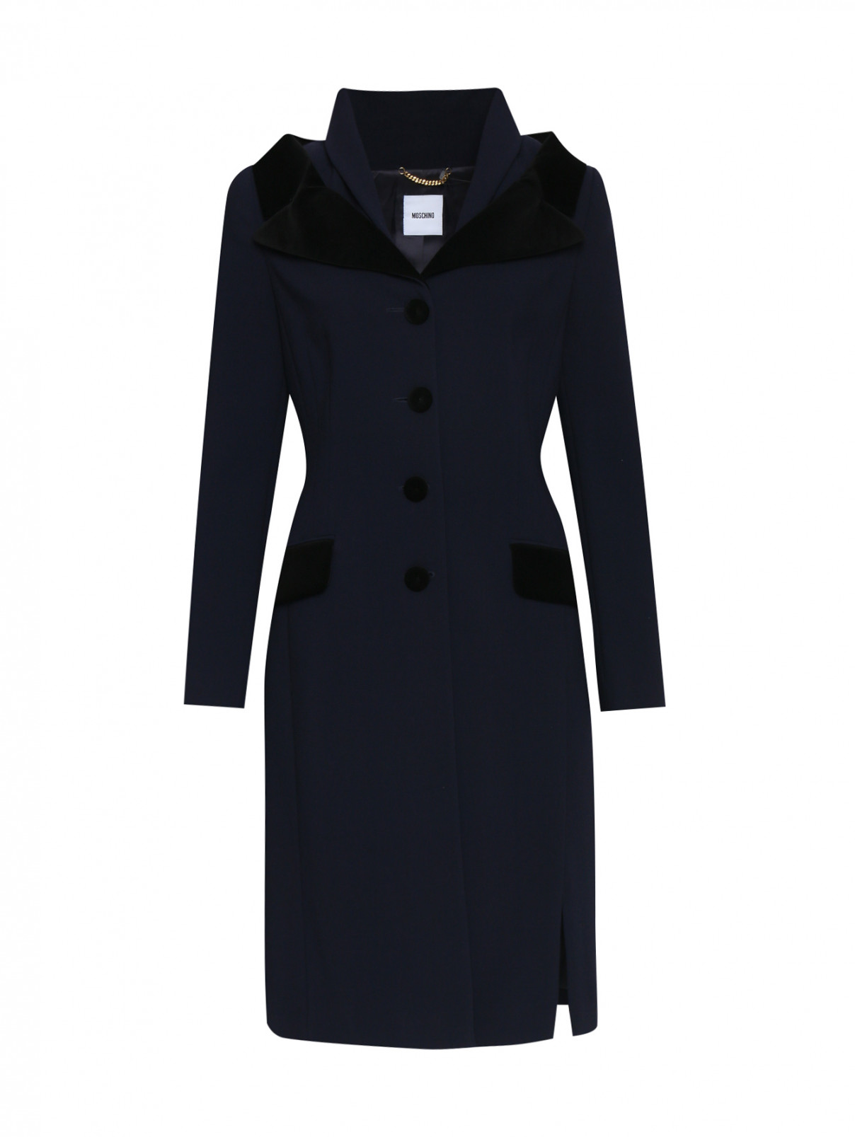 Пальто из шерсти с декоративной отделкой из бархата Moschino  –  Общий вид  – Цвет:  Синий