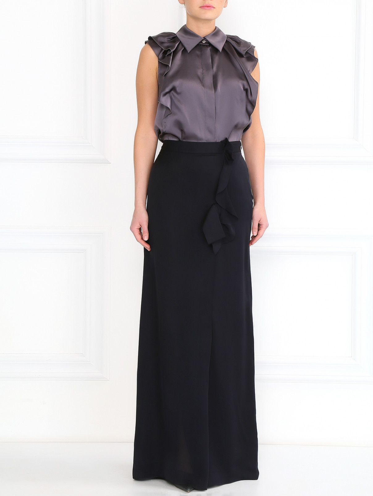 Шелковая блуза с оборками Valentino  –  Модель Общий вид  – Цвет:  Серый