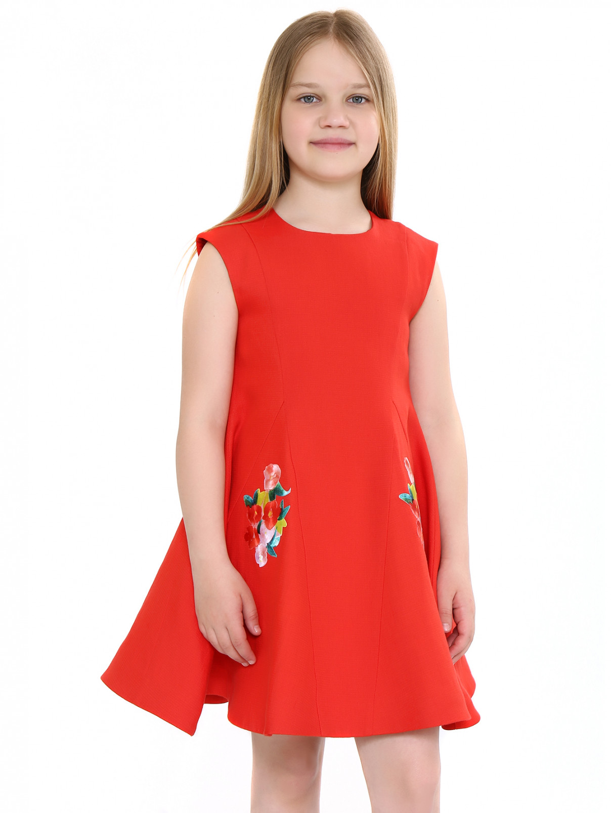 Платье из льна и хлопка декорированное вышивкой Baby Dior  –  Модель Верх-Низ  – Цвет:  Красный