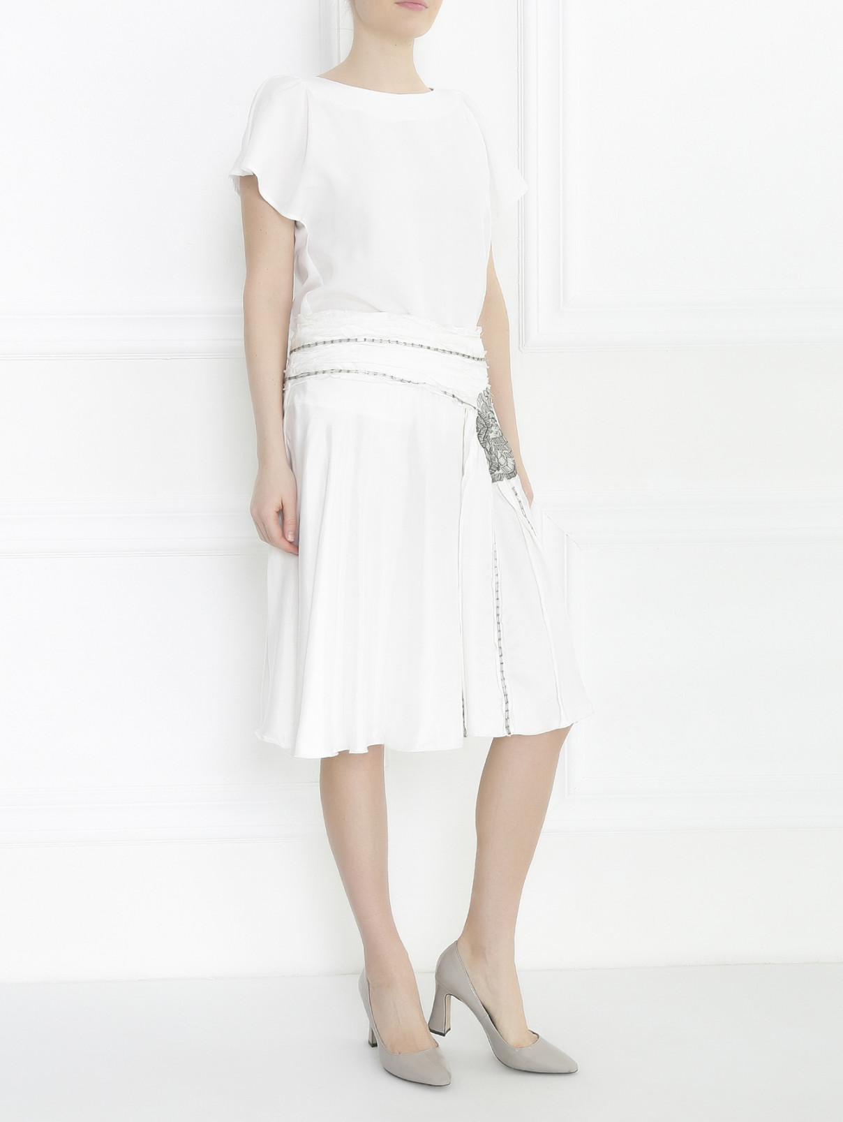 Юбка-миди с декоративной вышивкой из бисера Lili Petrus  –  Модель Общий вид  – Цвет:  Белый