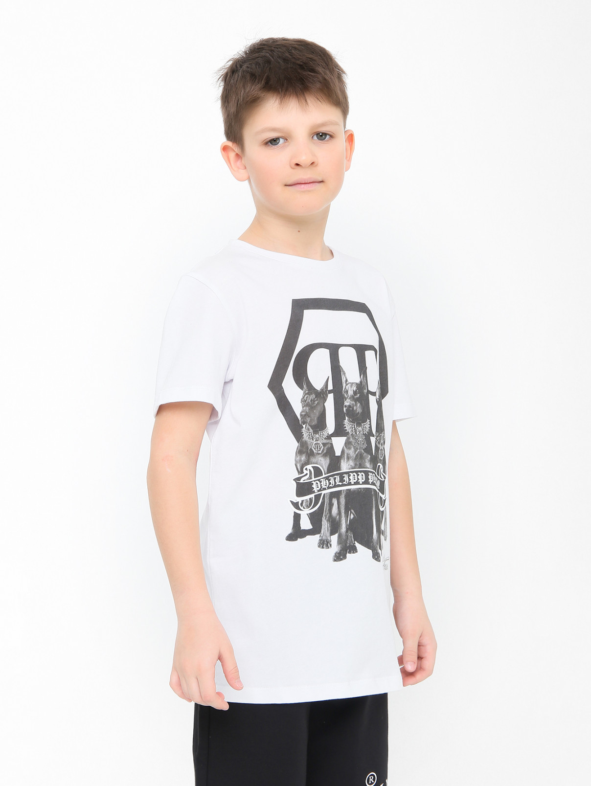 Хлопковая футболка с принтом Philipp Plein  –  МодельВерхНиз  – Цвет:  Белый