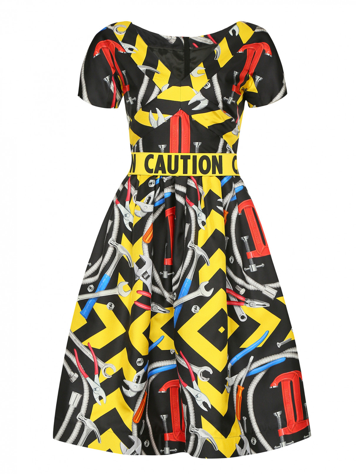 Платье из шелка с абстрактным узором с поясом Moschino Couture  –  Общий вид  – Цвет:  Мультиколор