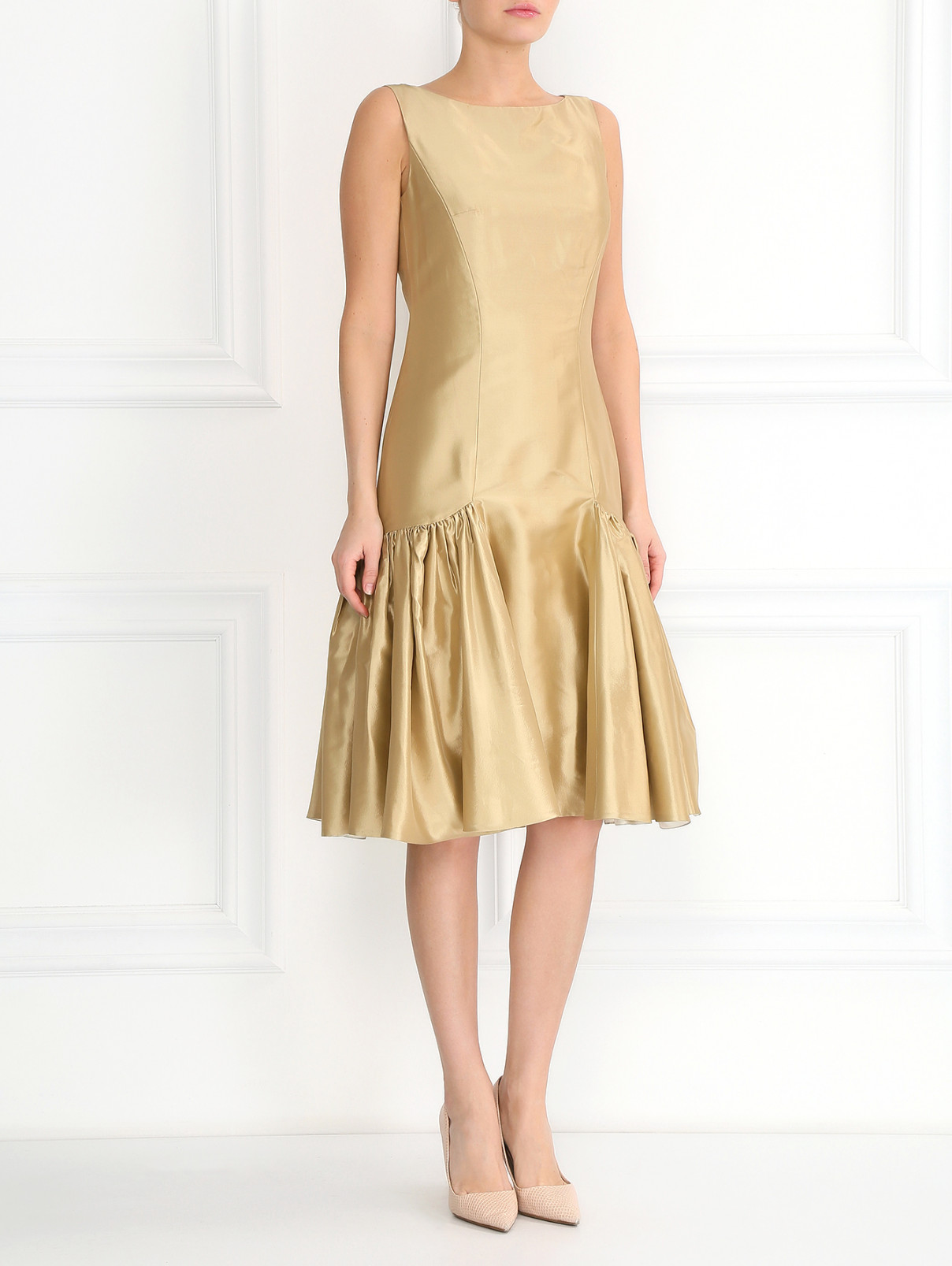 Платье-миди из шелка с объемной юбкой A La Russe  –  Модель Общий вид  – Цвет:  Золотой