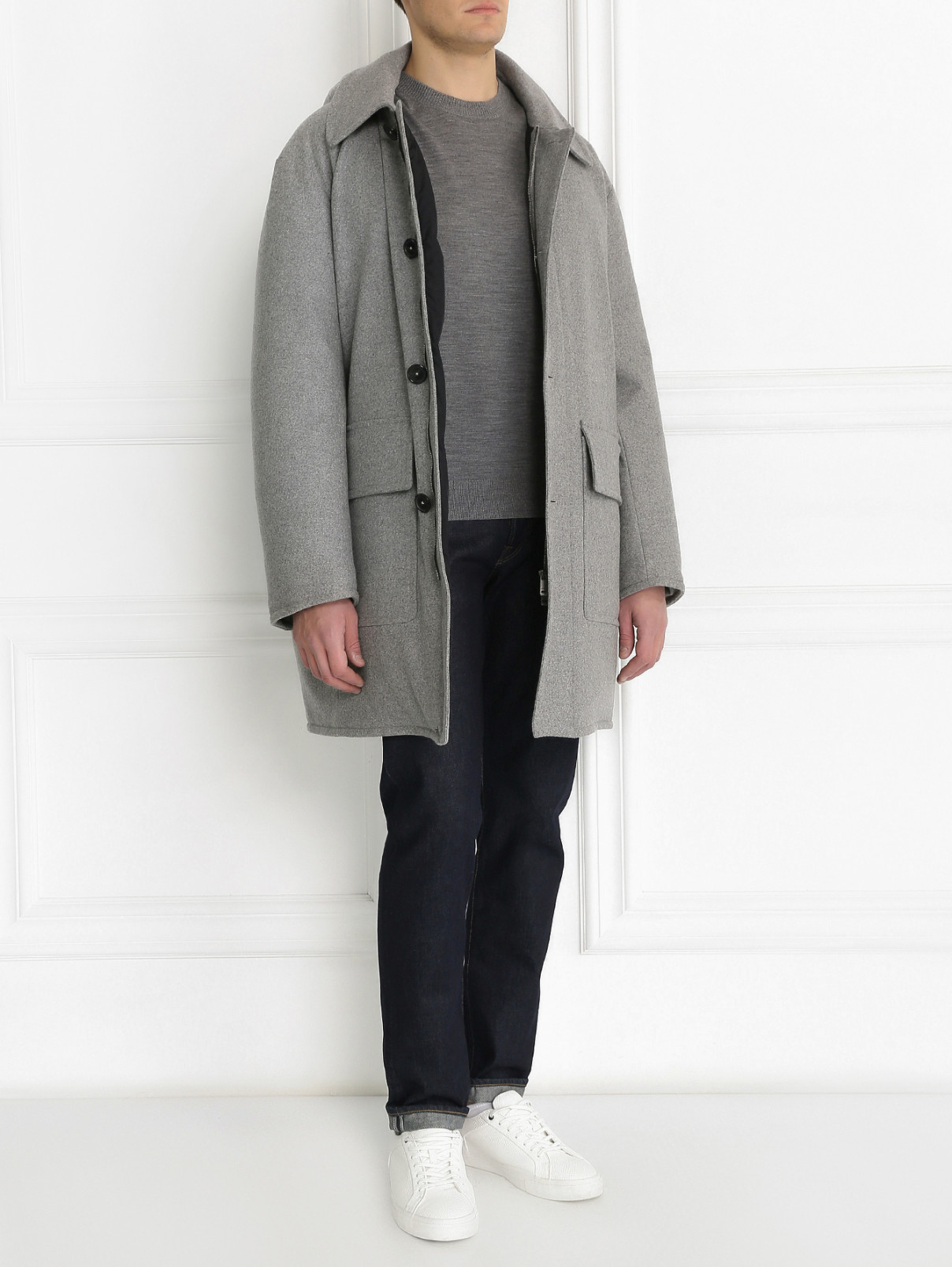 Пальто пуховое из шерсти на молнии с капюшоном Jil Sander  –  Модель Общий вид  – Цвет:  Серый