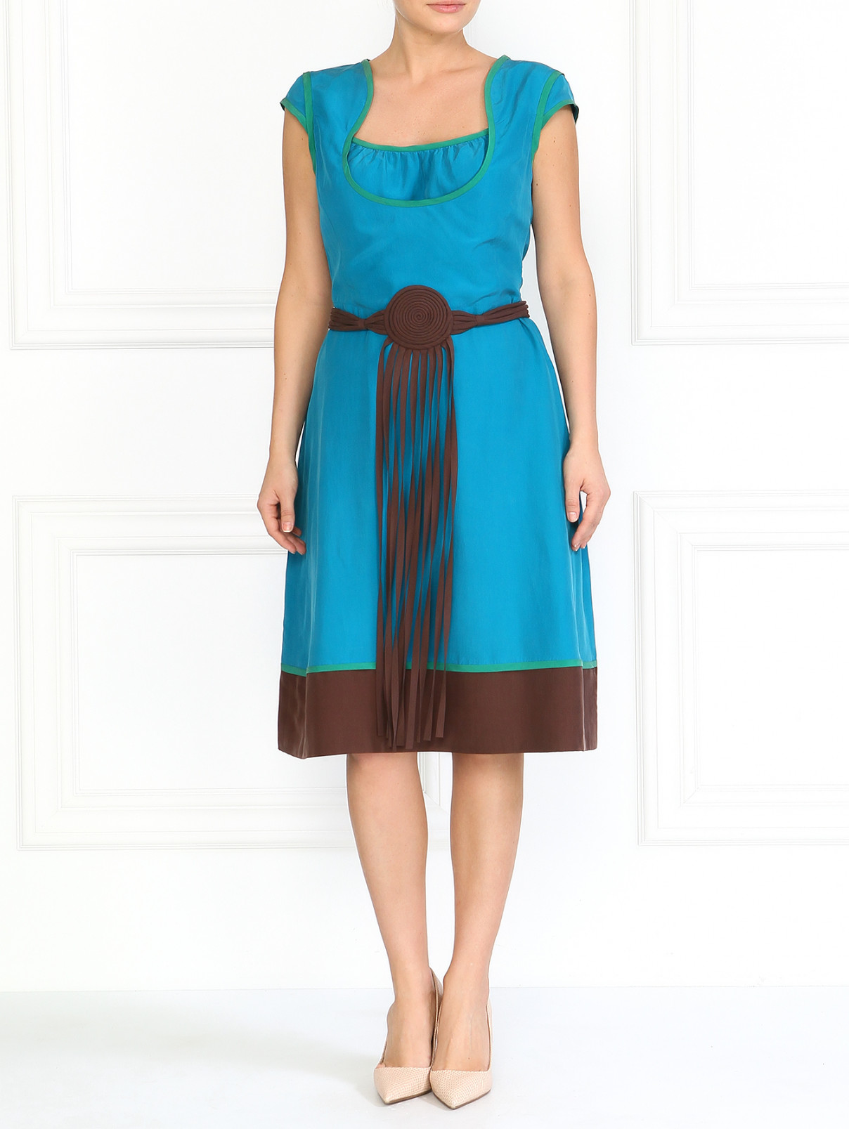 Шелковое платье с кожаным поясом Moschino  –  Модель Общий вид  – Цвет:  Синий