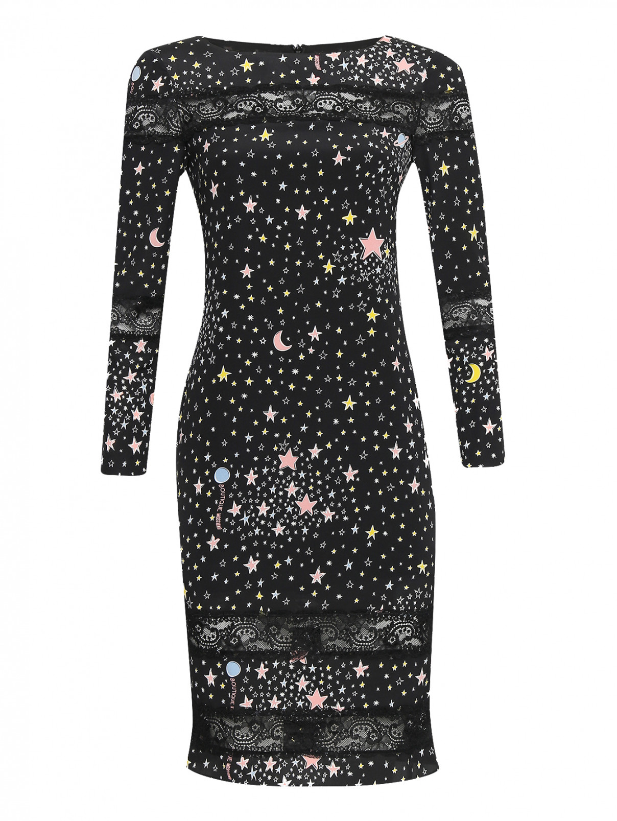 Платье из шелка с узором и кружевной отделкой BOUTIQUE MOSCHINO  –  Общий вид  – Цвет:  Черный
