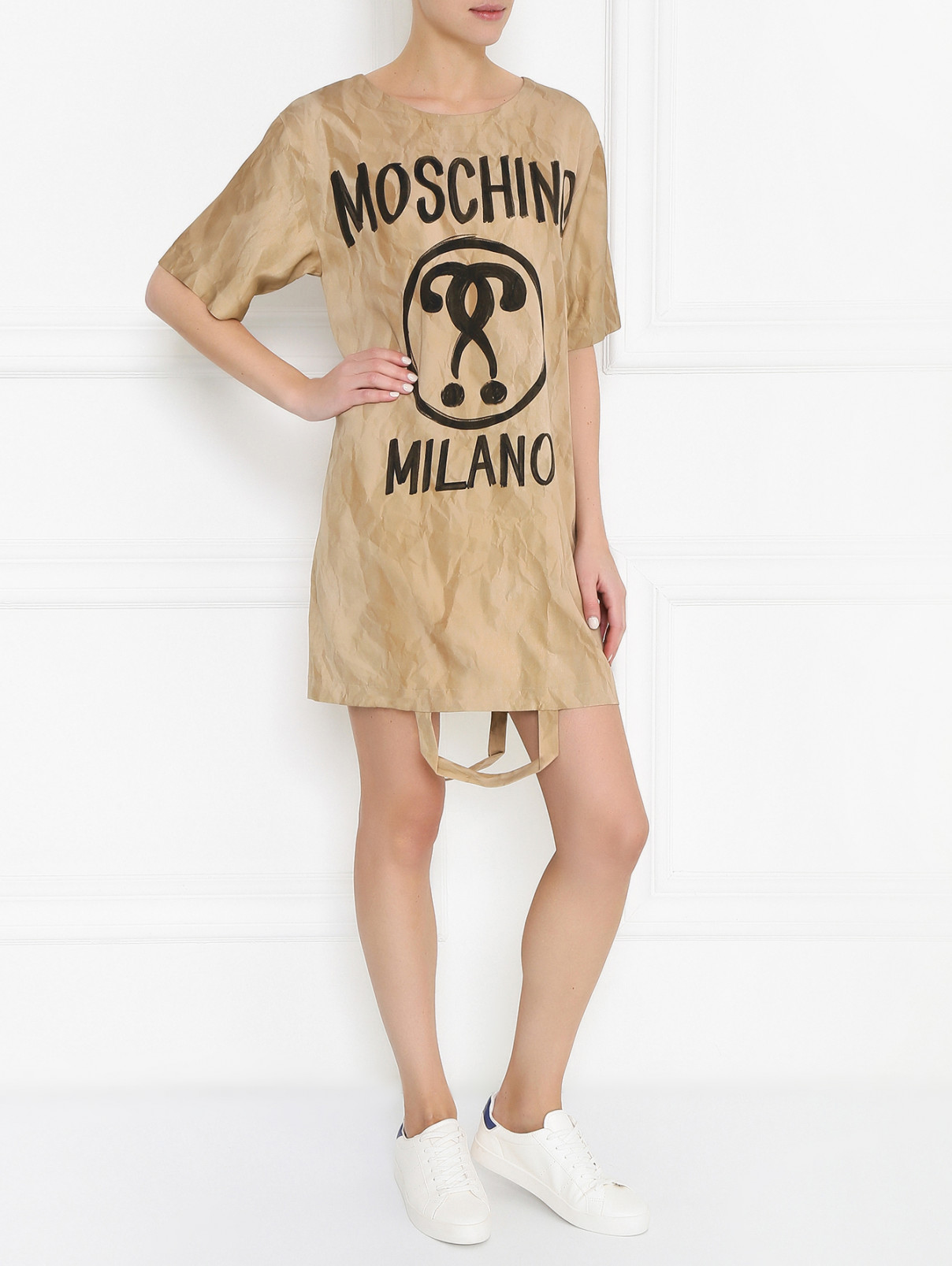 Платье свободного кроя с узором Moschino Couture  –  Модель Общий вид  – Цвет:  Бежевый