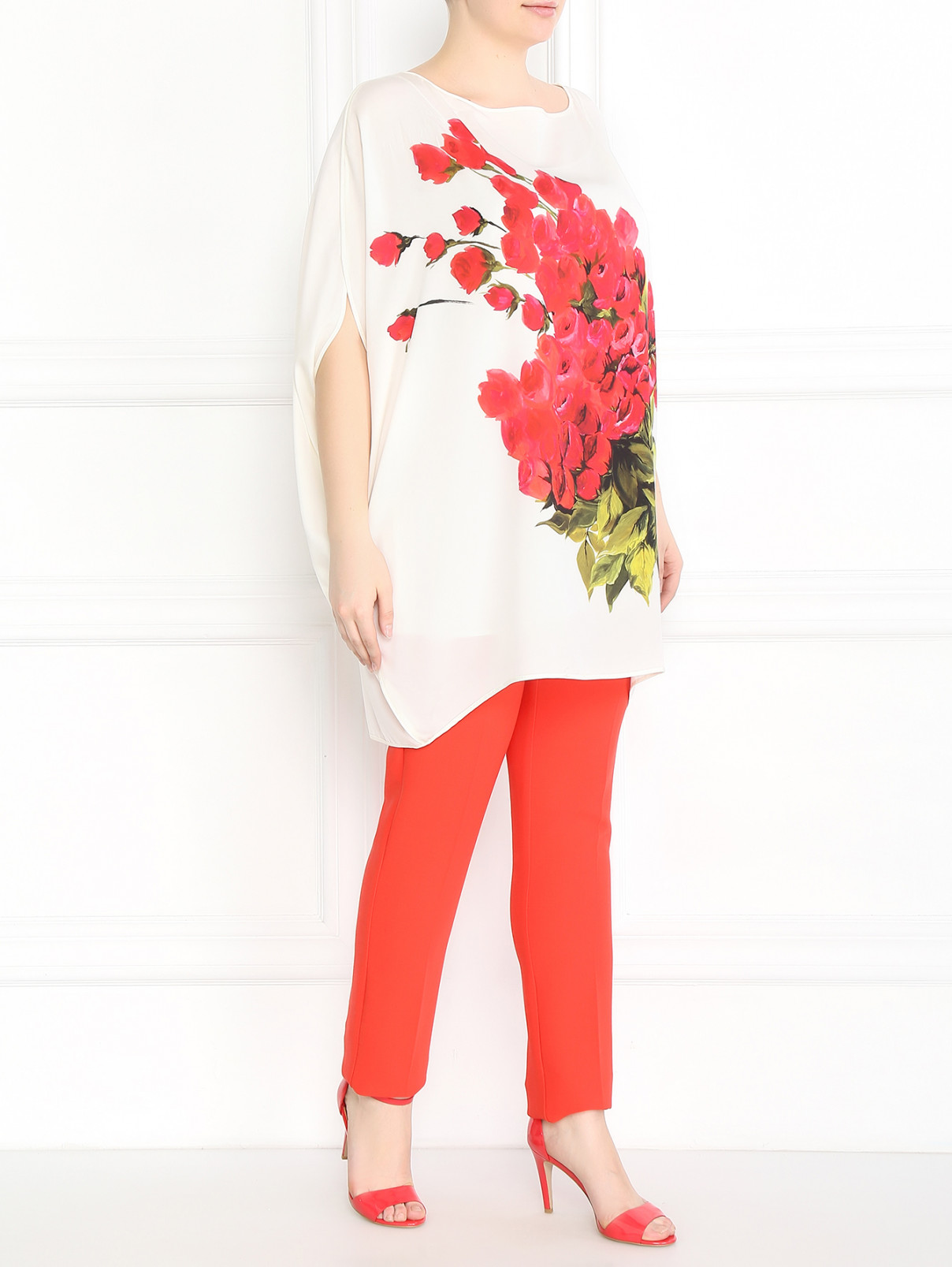 Туника из шелка с цветочным узором Marina Rinaldi  –  Модель Общий вид  – Цвет:  Белый