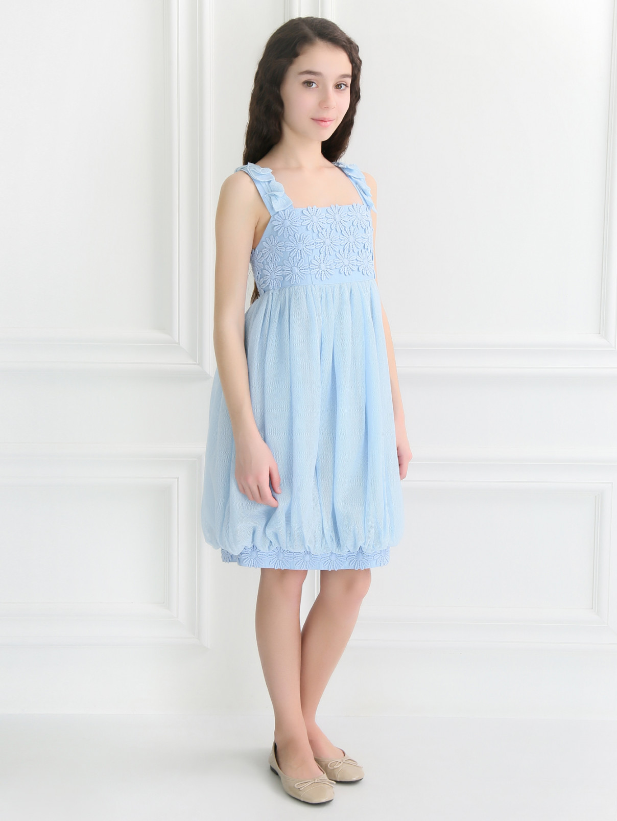 Платье с юбкой-баллоном и цветочным декором I Pinco Pallino  –  Модель Общий вид  – Цвет:  Синий