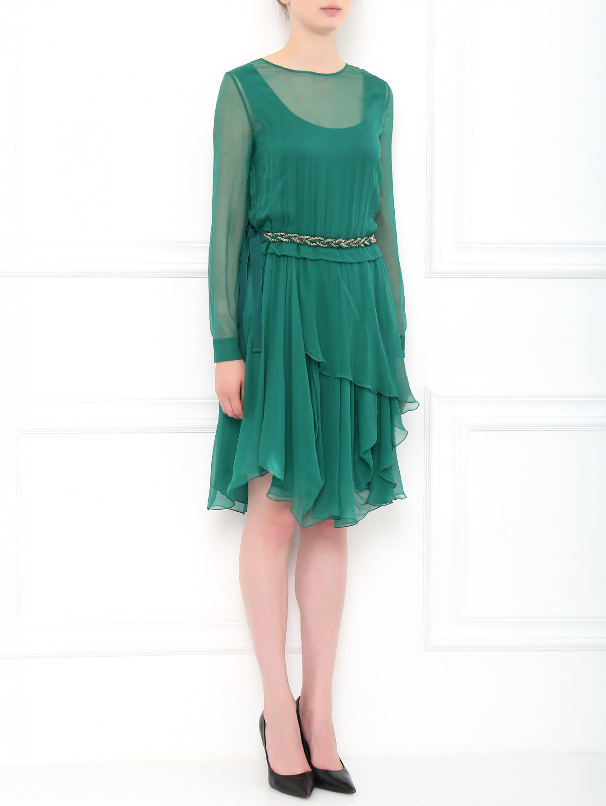 Платье из шелка  асимметричного кроя декорированное цепочками Alberta Ferretti  –  Модель Общий вид  – Цвет:  Зеленый