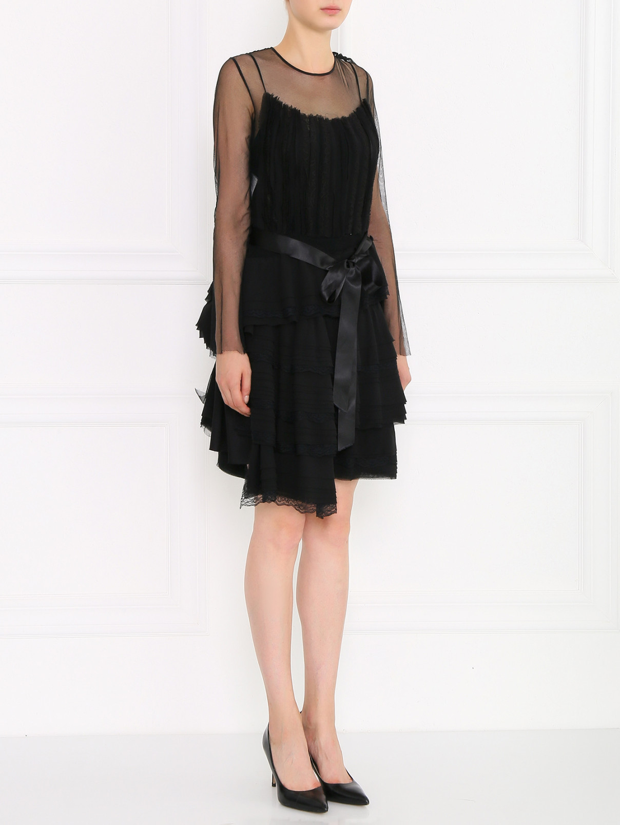 Платье-мини из шелка с декоративной отделкой Alberta Ferretti  –  Модель Общий вид  – Цвет:  Черный