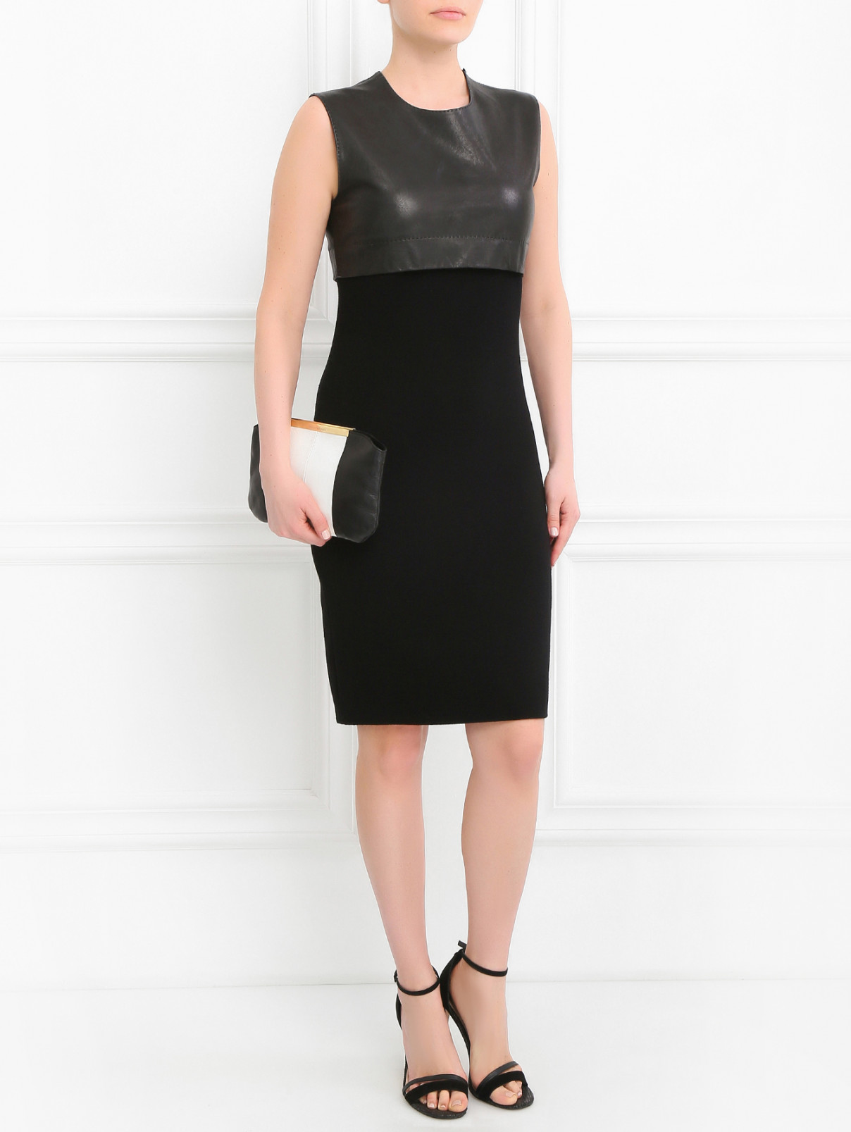 Трикотажное платье-футляр из шерсти с вставкой из кожи Jean Paul Gaultier  –  Модель Общий вид  – Цвет:  Черный