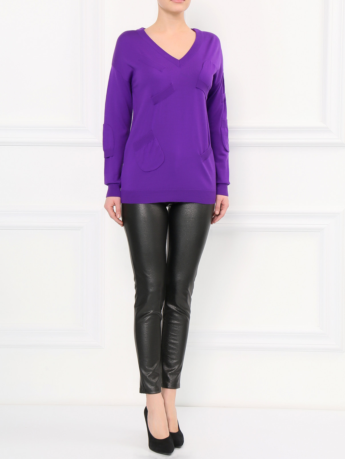 Удлиненный джемпер из шерсти с V-образным вырезом Moschino Boutique  –  Модель Общий вид  – Цвет:  Фиолетовый