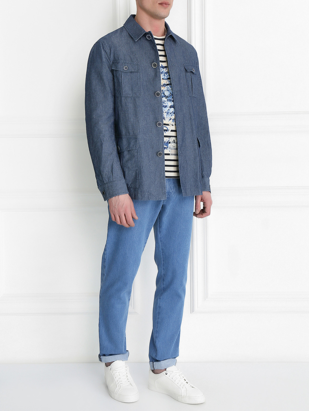 Куртка из хлопка на пуговицах с накладными карманами LARDINI  –  Модель Общий вид  – Цвет:  Синий