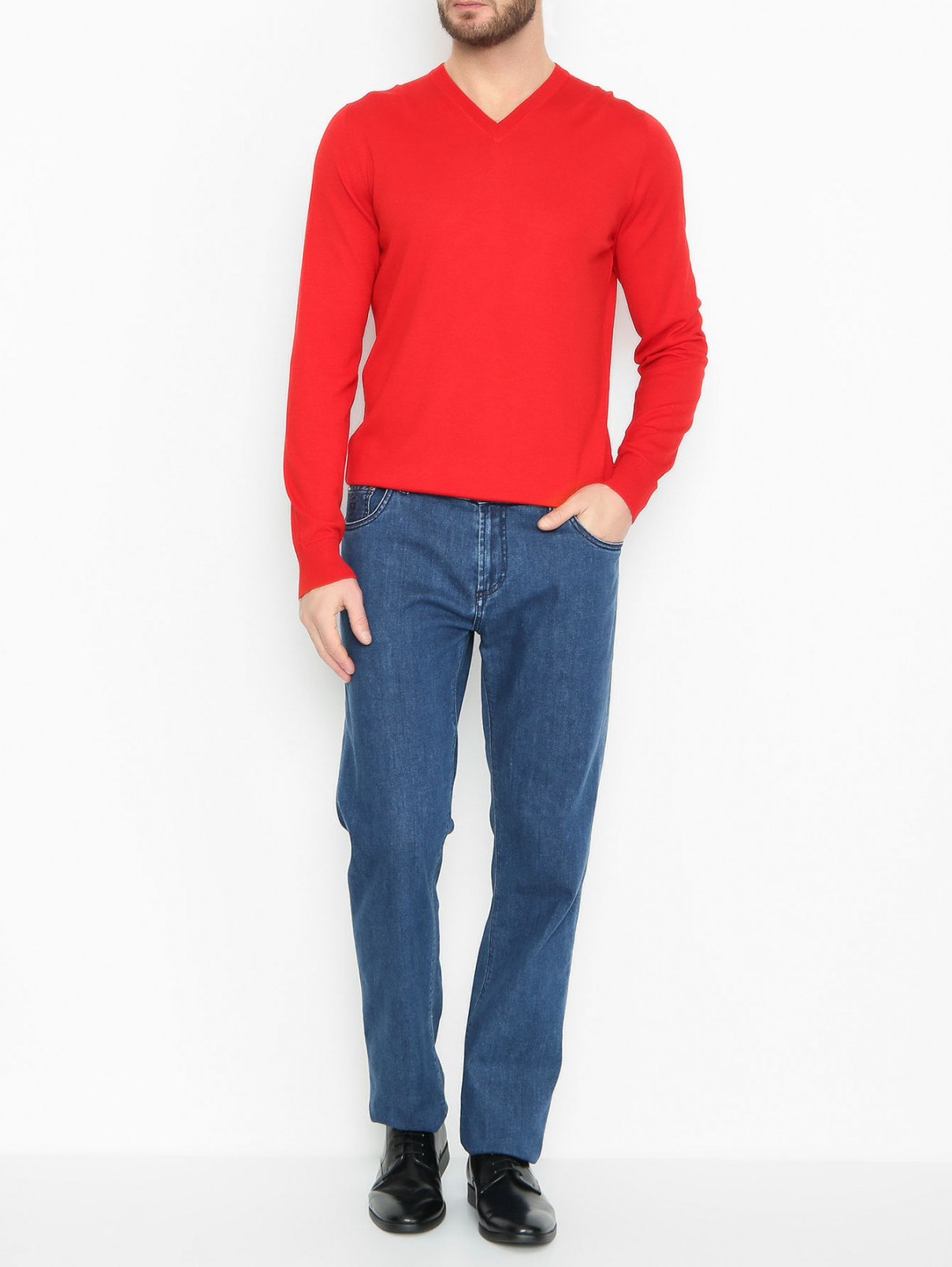 Джемпер из шерсти и шелка с V-образным вырезом Piacenza Cashmere  –  МодельОбщийВид  – Цвет:  Красный