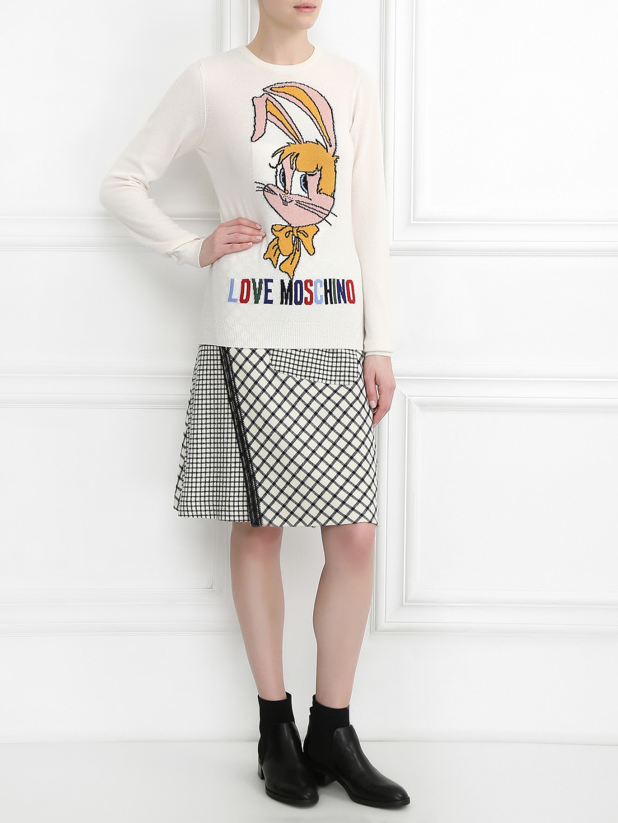 Джемпер мелкой вязки с узором Love Moschino  –  Модель Общий вид  – Цвет:  Белый
