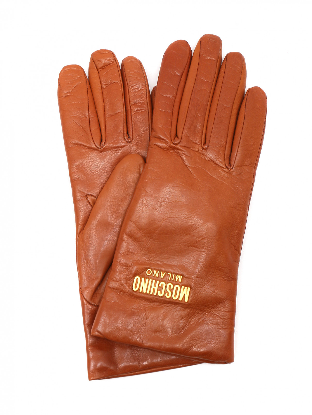 Перчатки из кожи с логотипом Moschino  –  Общий вид  – Цвет:  Коричневый