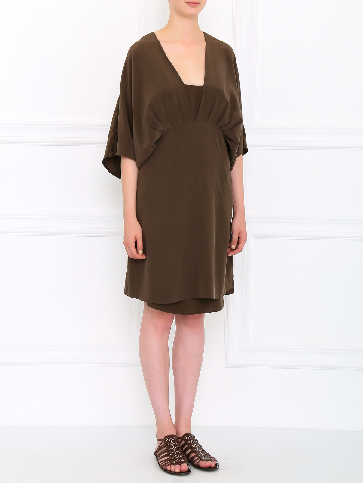 Шелковое платье с V-образным вырезом Barbara Bui  –  Модель Общий вид  – Цвет:  Коричневый