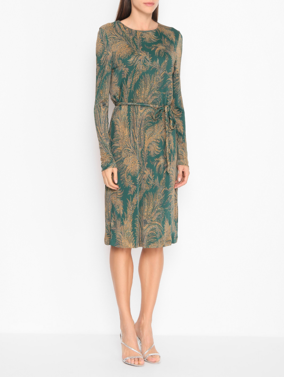 Платье из вискозы с поясом и узорм Etro  –  МодельВерхНиз  – Цвет:  Зеленый