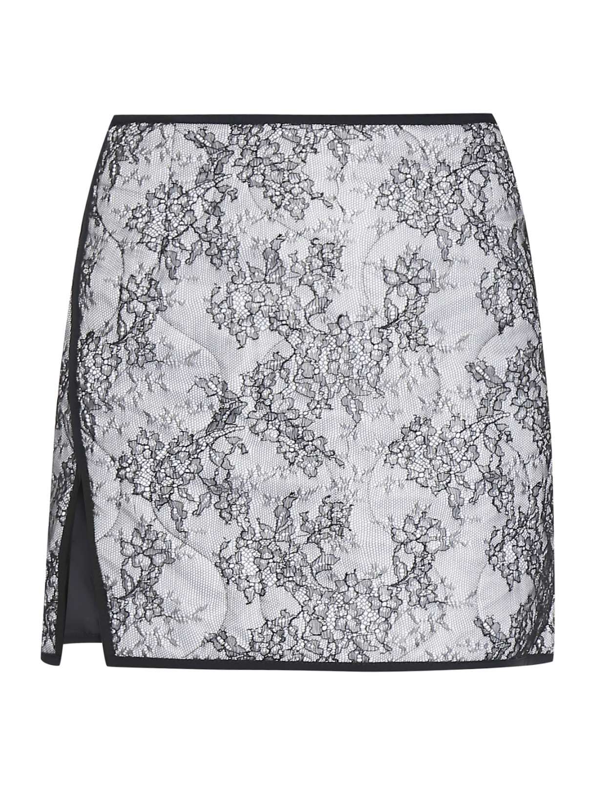 Стеганая юбка-мини декорированная кружевом N21  –  Общий вид  – Цвет:  Черный