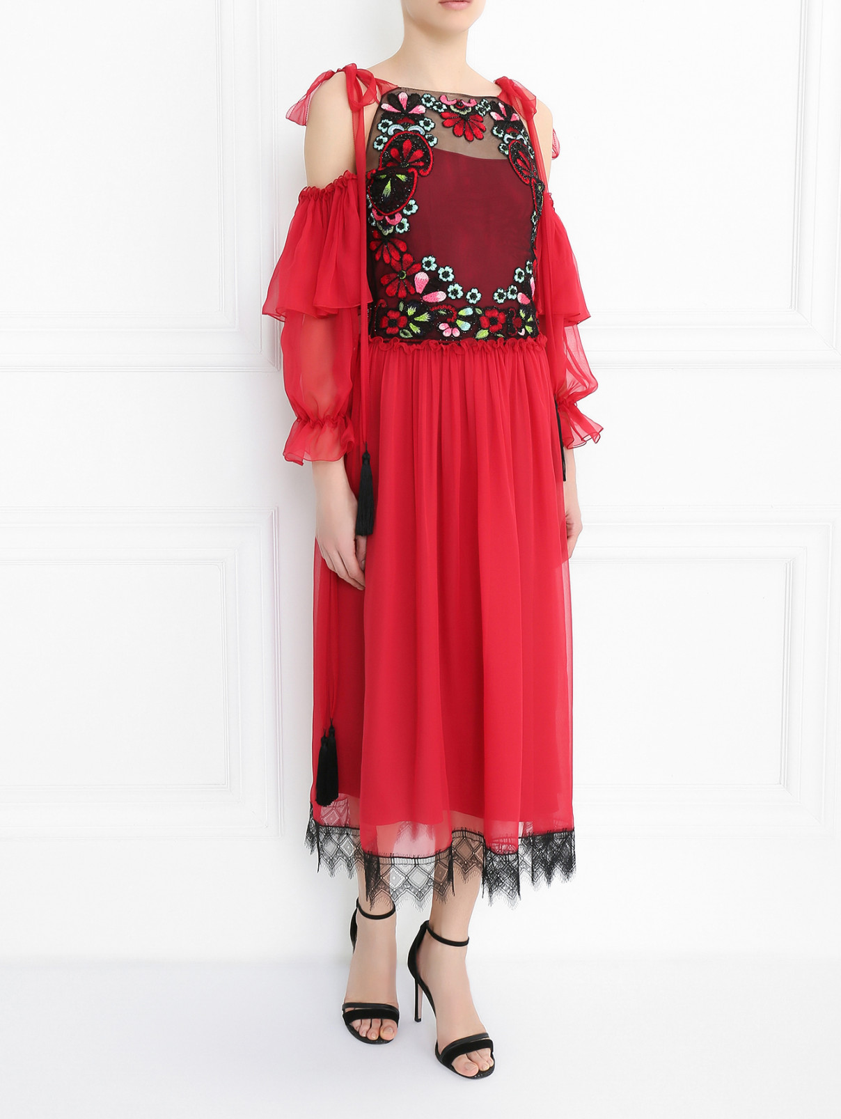 Платье-миди из шелка с декоративной отделкой Alberta Ferretti  –  Модель Общий вид  – Цвет:  Красный