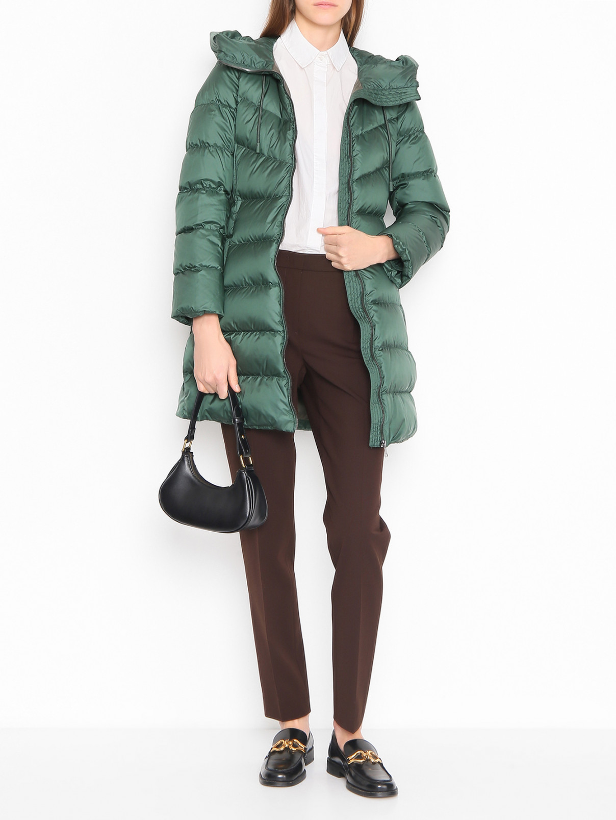 Пуховик на молнии с поясом Weekend Max Mara  –  МодельОбщийВид  – Цвет:  Зеленый