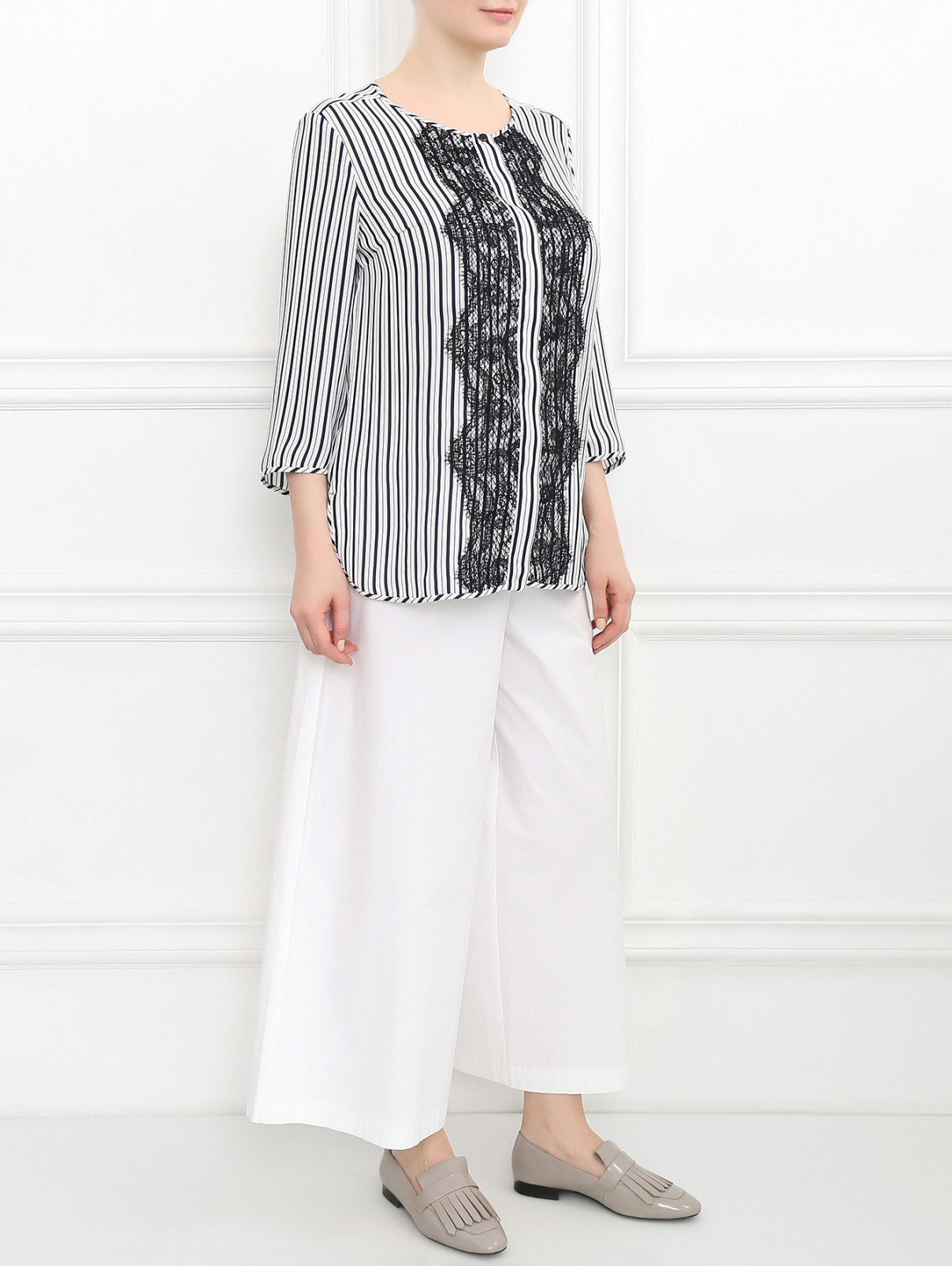 Блуза из шелка и хлопка с узором "полоска" Marina Rinaldi  –  Модель Общий вид  – Цвет:  Узор