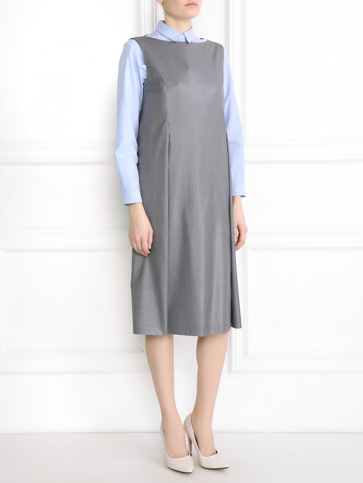 Платье-миди из шерсти с симметричными складками Jil Sander  –  Модель Общий вид  – Цвет:  Серый