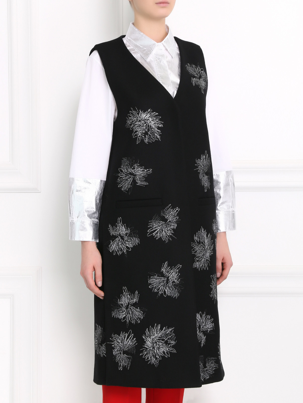 Однобортный жилет из шерсти с вышивкой Jil Sander  –  Модель Верх-Низ  – Цвет:  Черный