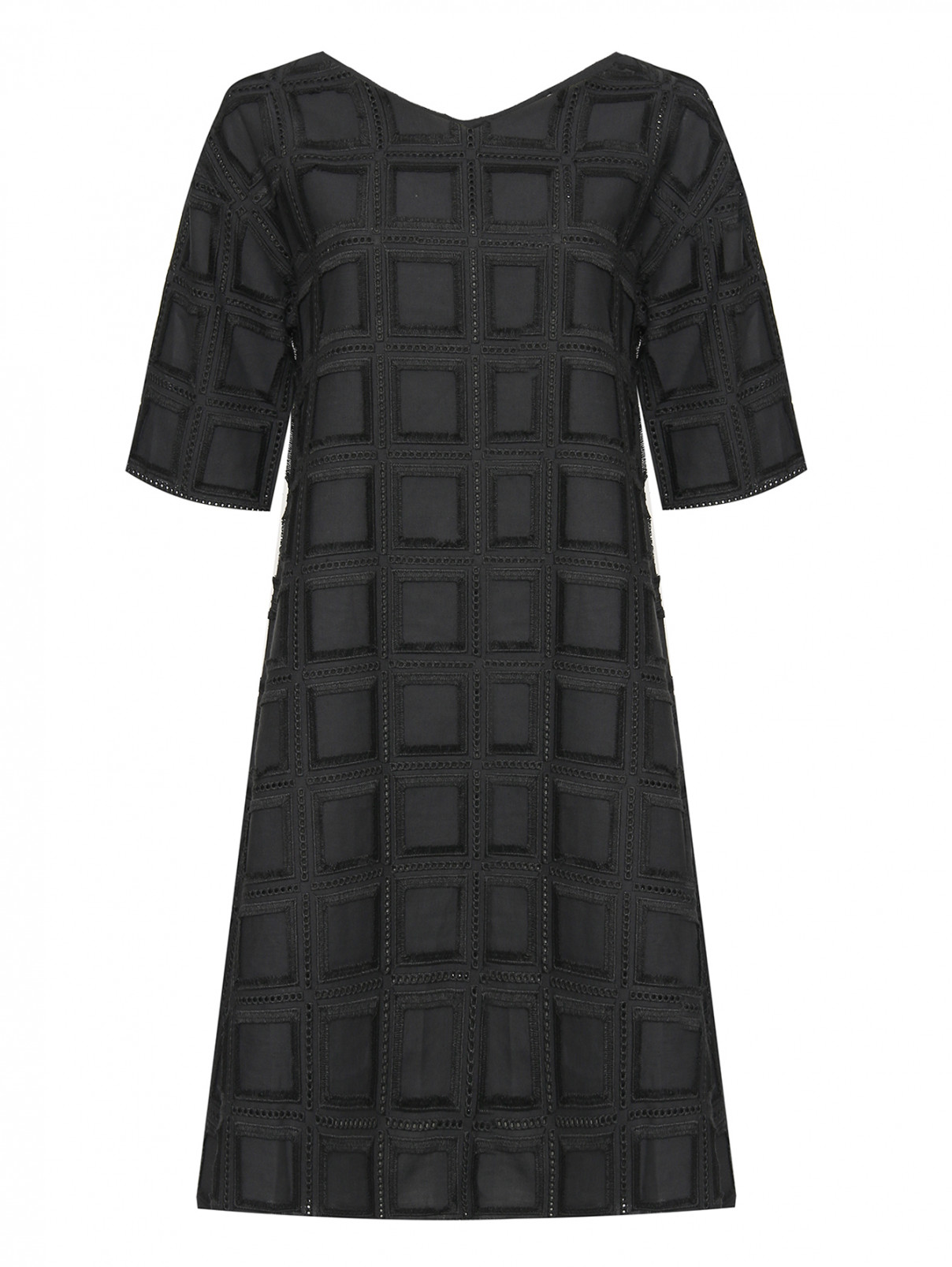 Платье из льна и хлопка с вышивкой и бахромой Alpha Studio  –  Общий вид  – Цвет:  Черный