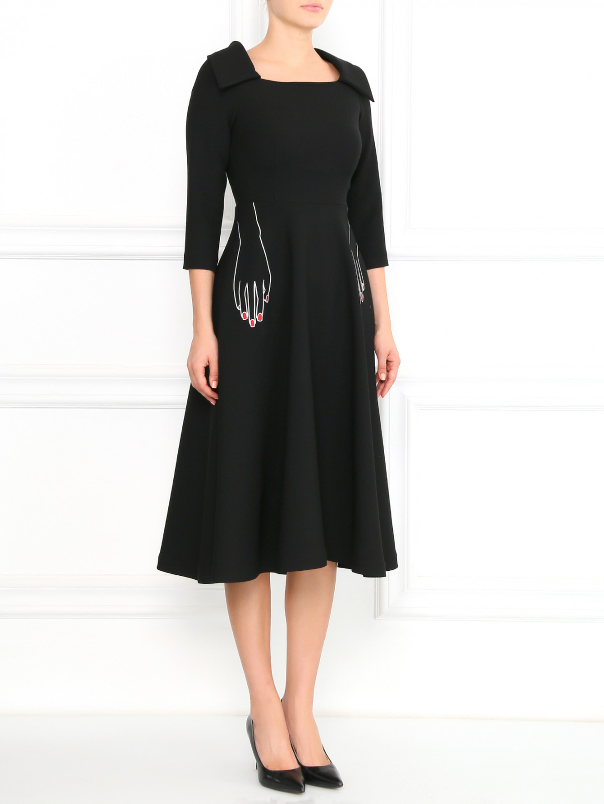 Платье-миди с вышивкой и рукавом 3/4 Vivetta  –  Модель Общий вид  – Цвет:  Черный
