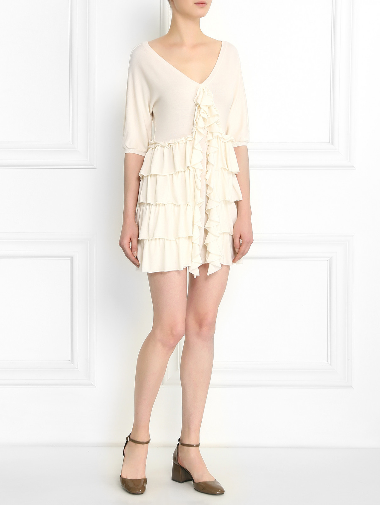 Трикотажное мини-платье из шерсти с драпировкой Moschino  –  Модель Общий вид  – Цвет:  Бежевый