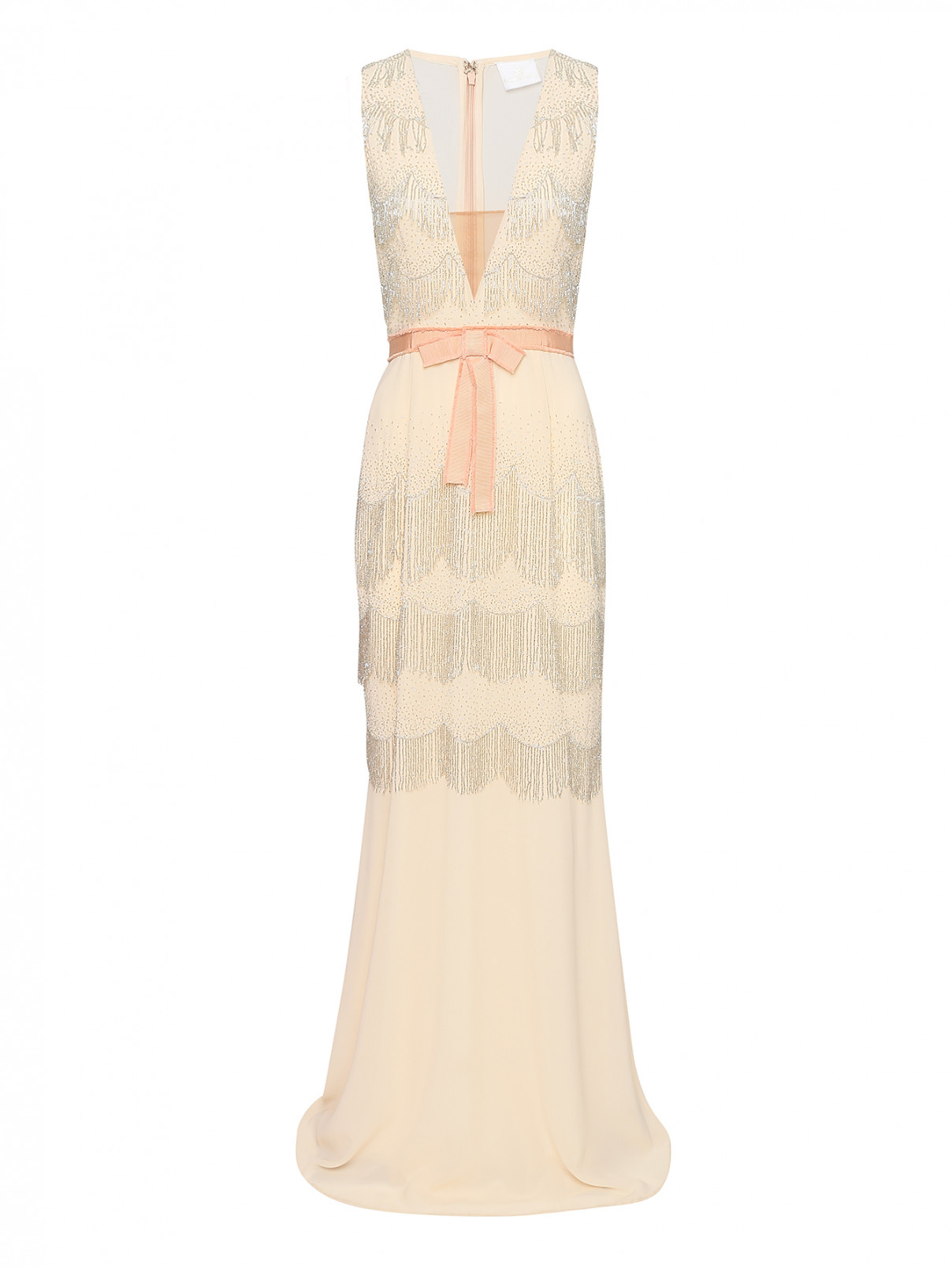 Платье макси с декором бисером Elisabetta Franchi  –  Общий вид  – Цвет:  Бежевый