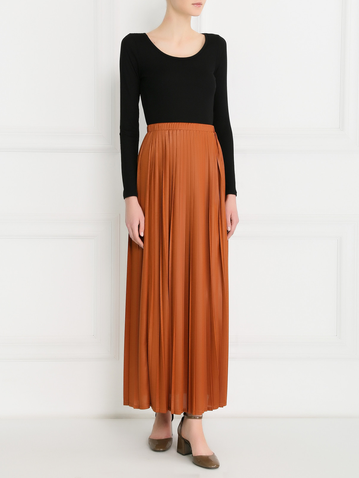Плиссированная юбка-миди на резинке Max Mara  –  Модель Общий вид  – Цвет:  Оранжевый