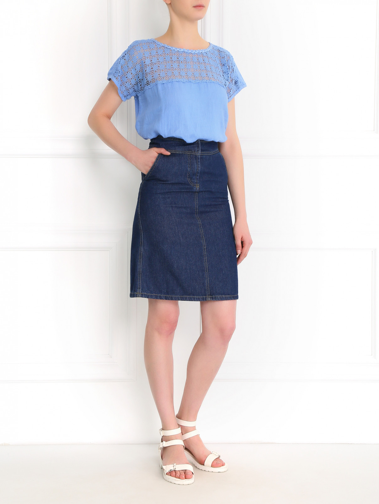 Блуза из льна и хлопка 120% Lino  –  Модель Общий вид  – Цвет:  Синий